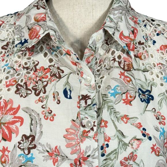 Sundance Large Top Floral Long Sleeve Embroidered Cut-Outs Lightweight Collared - Picture 2 of 8